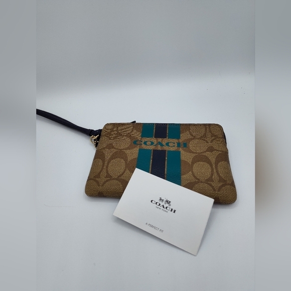 Coach Handbags - Coach Varsity Stripe Signature Canvas Corner Zip Wristlet Teal Navy Logo Pouch